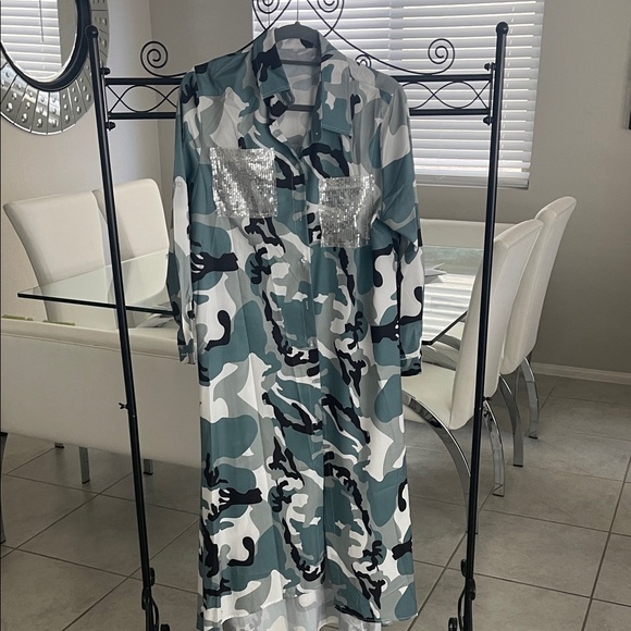 Camouflage Long Sleeve Dress with Sequin Pockets - Picture 1 of 5
